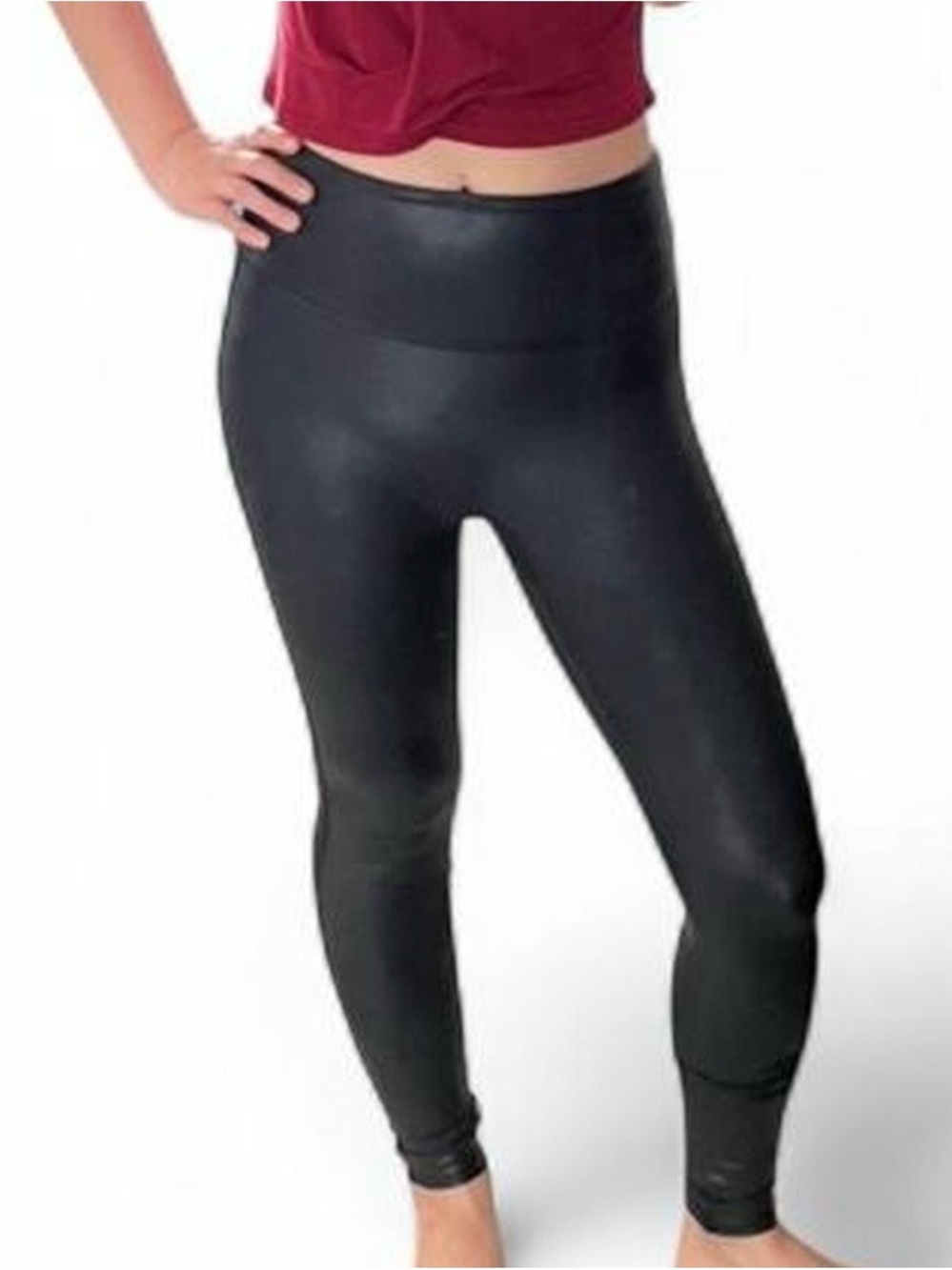 SPANX Black Faux Leather Leggings Petite Small High Rise Shaping